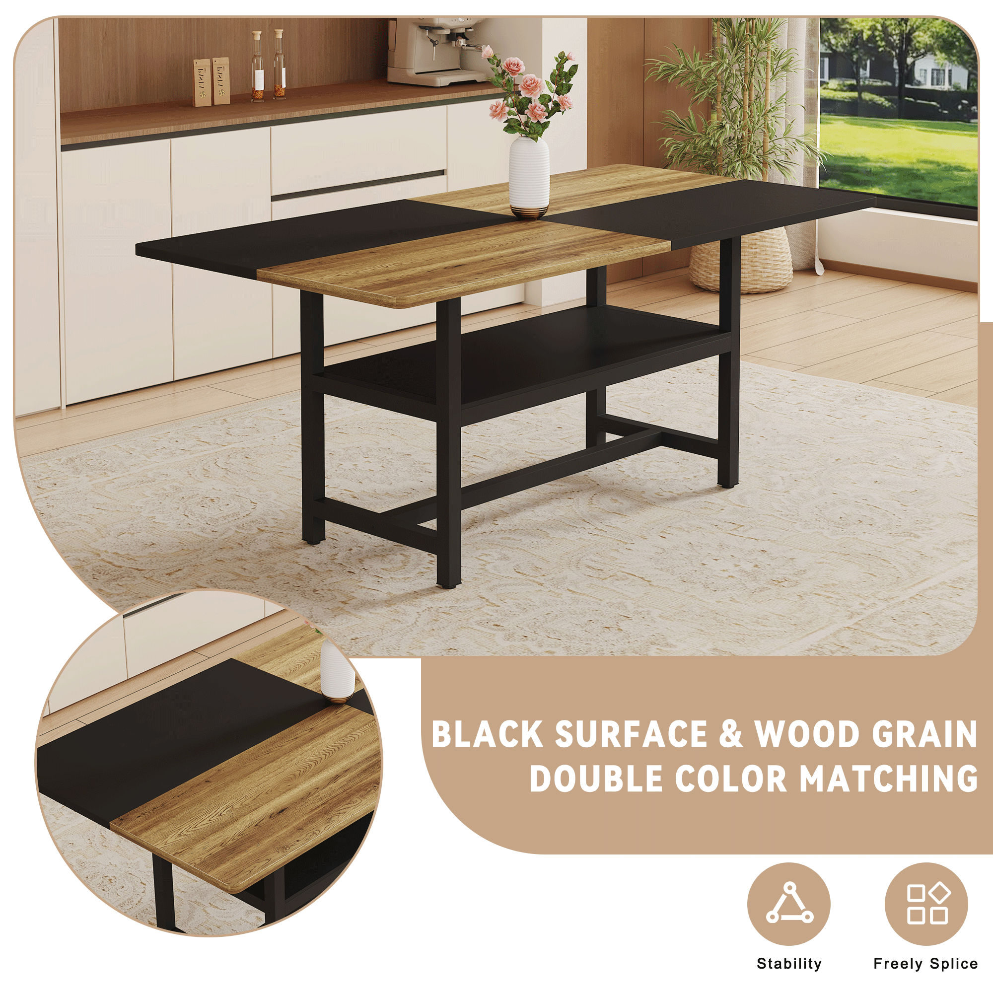 Dining table with black surface and wood grain design in a kitchen setting