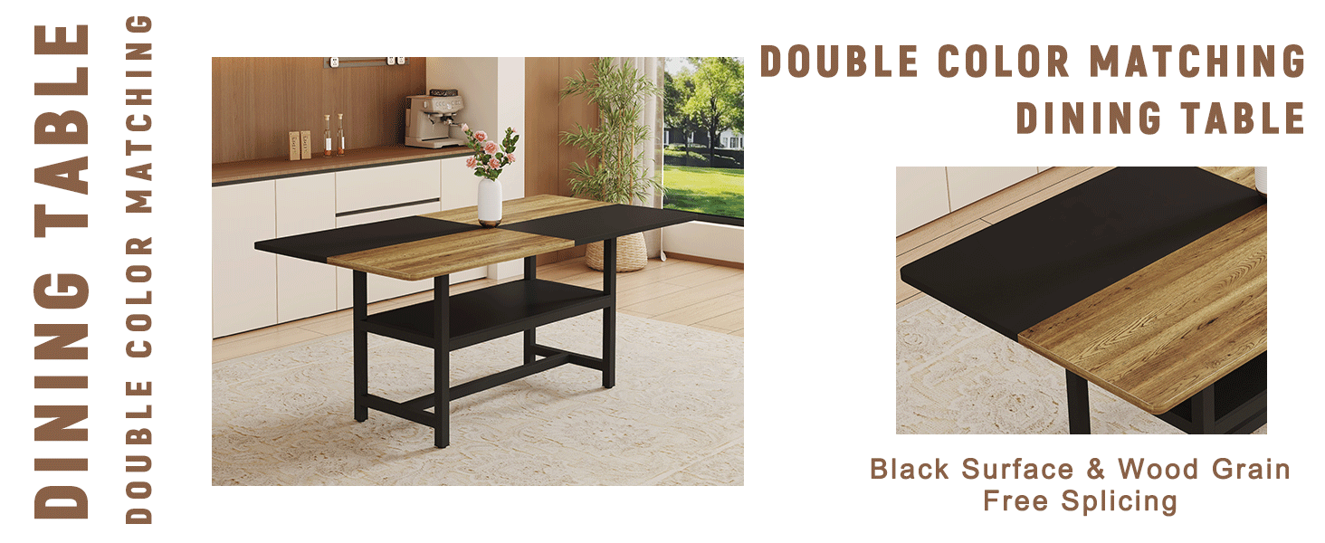 Dining table with black surface and wood grain pattern in a kitchen setting