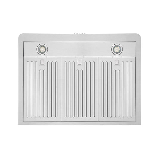 Close-up of Empava 36RH12 button controls for 3-grade speed fan and kitchen exhaust.
