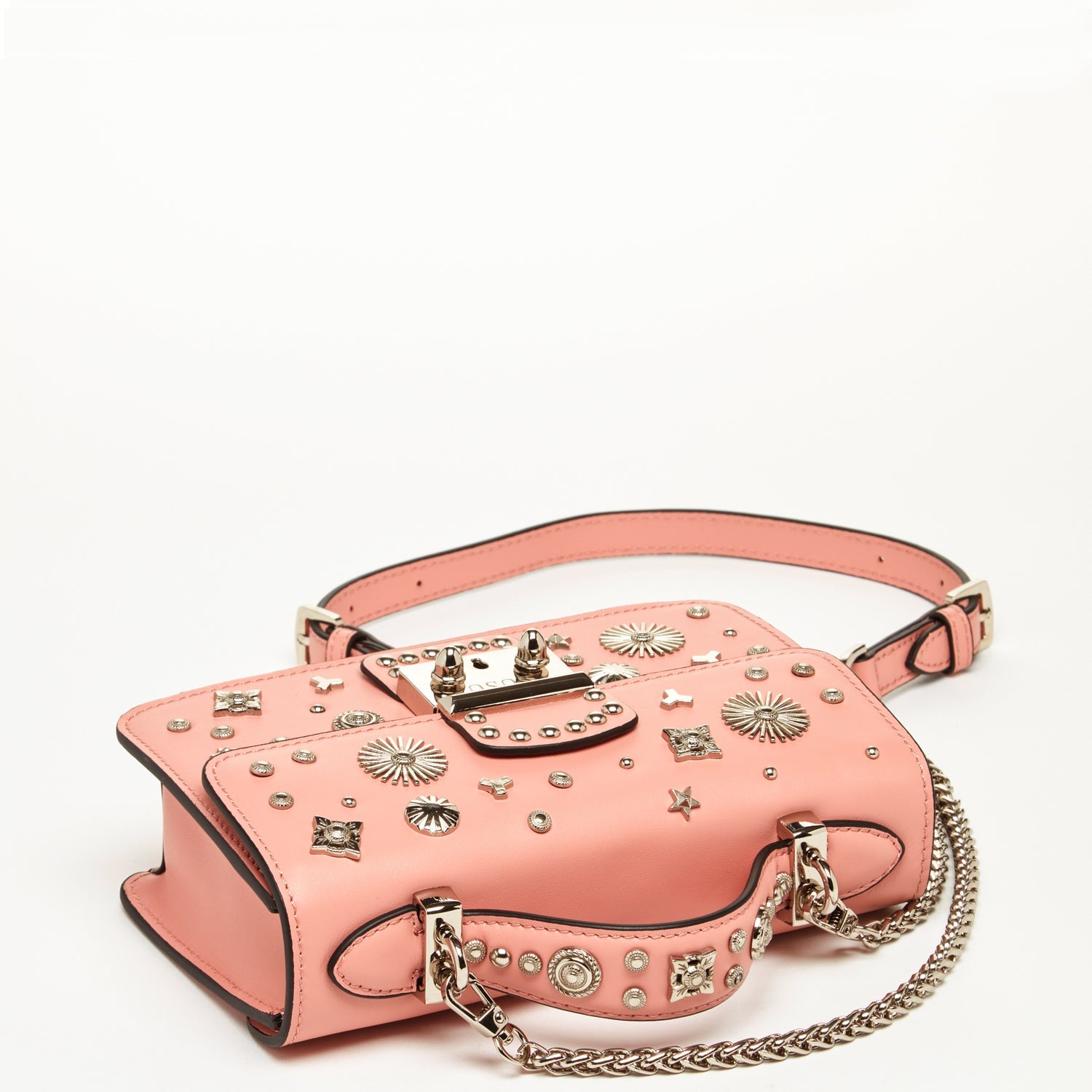 Pale Pink Leather Bag Flat Lay View Highlighting Top Handle and Silver Hardware