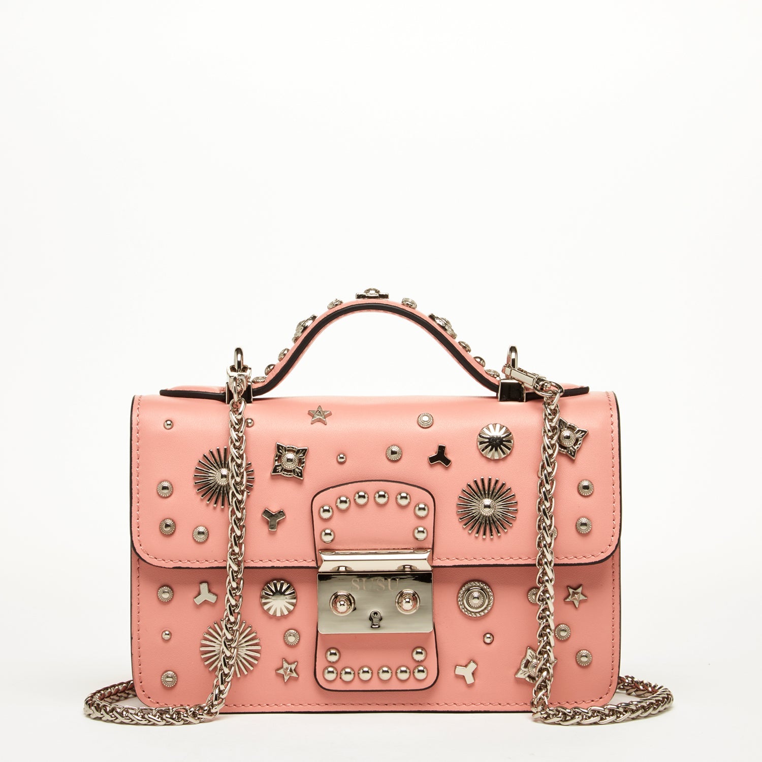 Pale Pink Leather Studded Crossbody Bag Front View with Top Handle