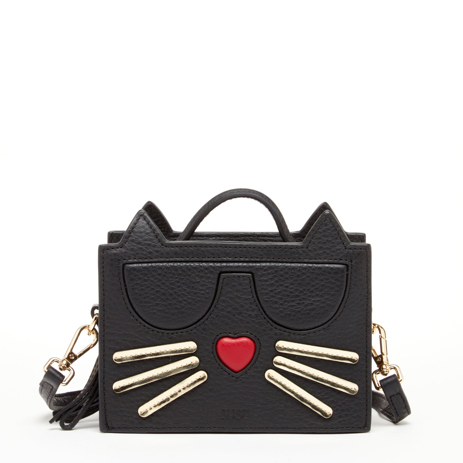 Black leather cat face crossbody bag with a playful cat-themed design, featuring cat ears and a heart on the front, with gold accents.