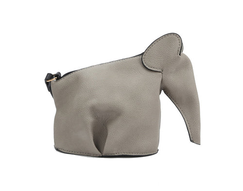 Gray purse shaped like an elephant on a white background
