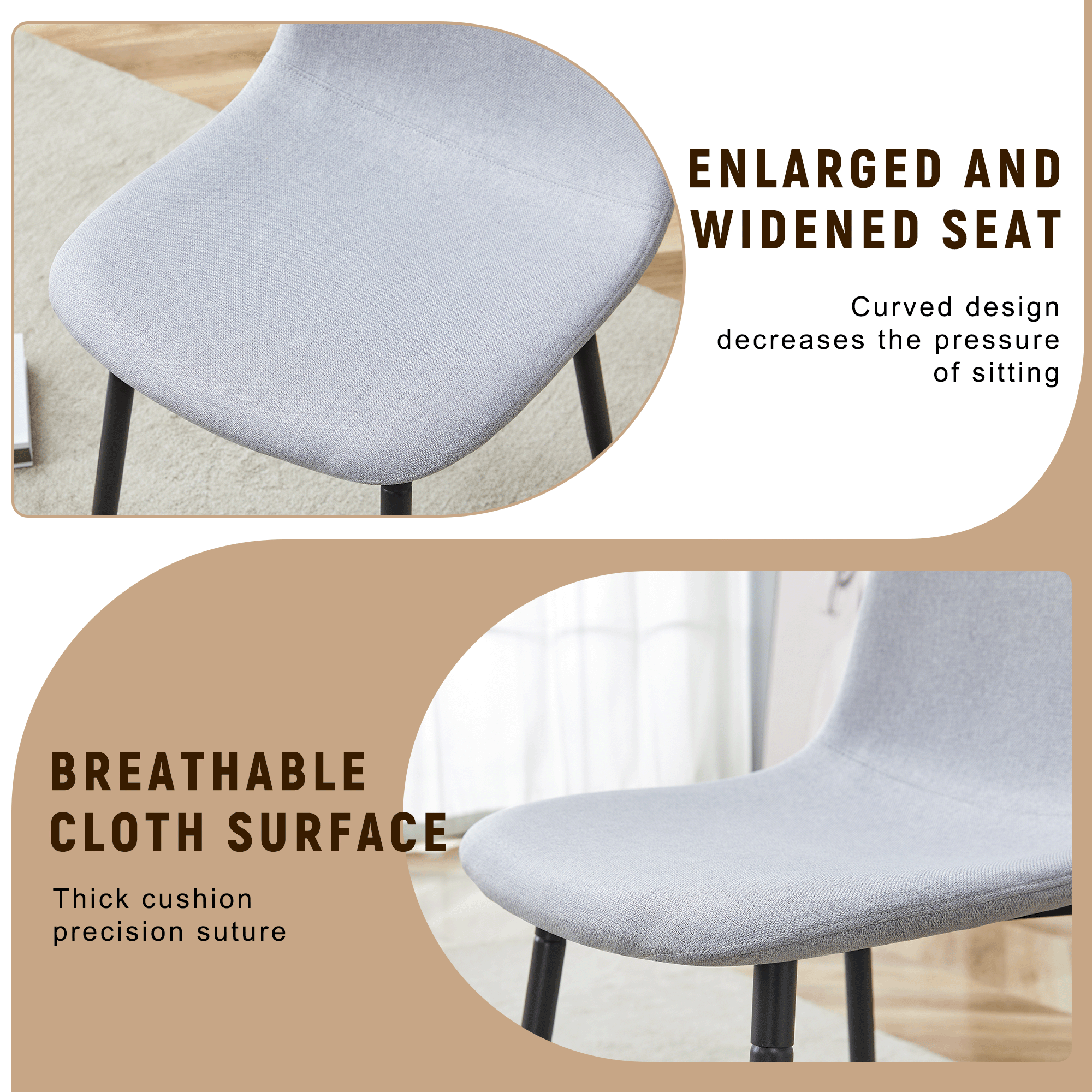 Gray chair with text highlighting enlarged and widened seat and breathable cloth surface.