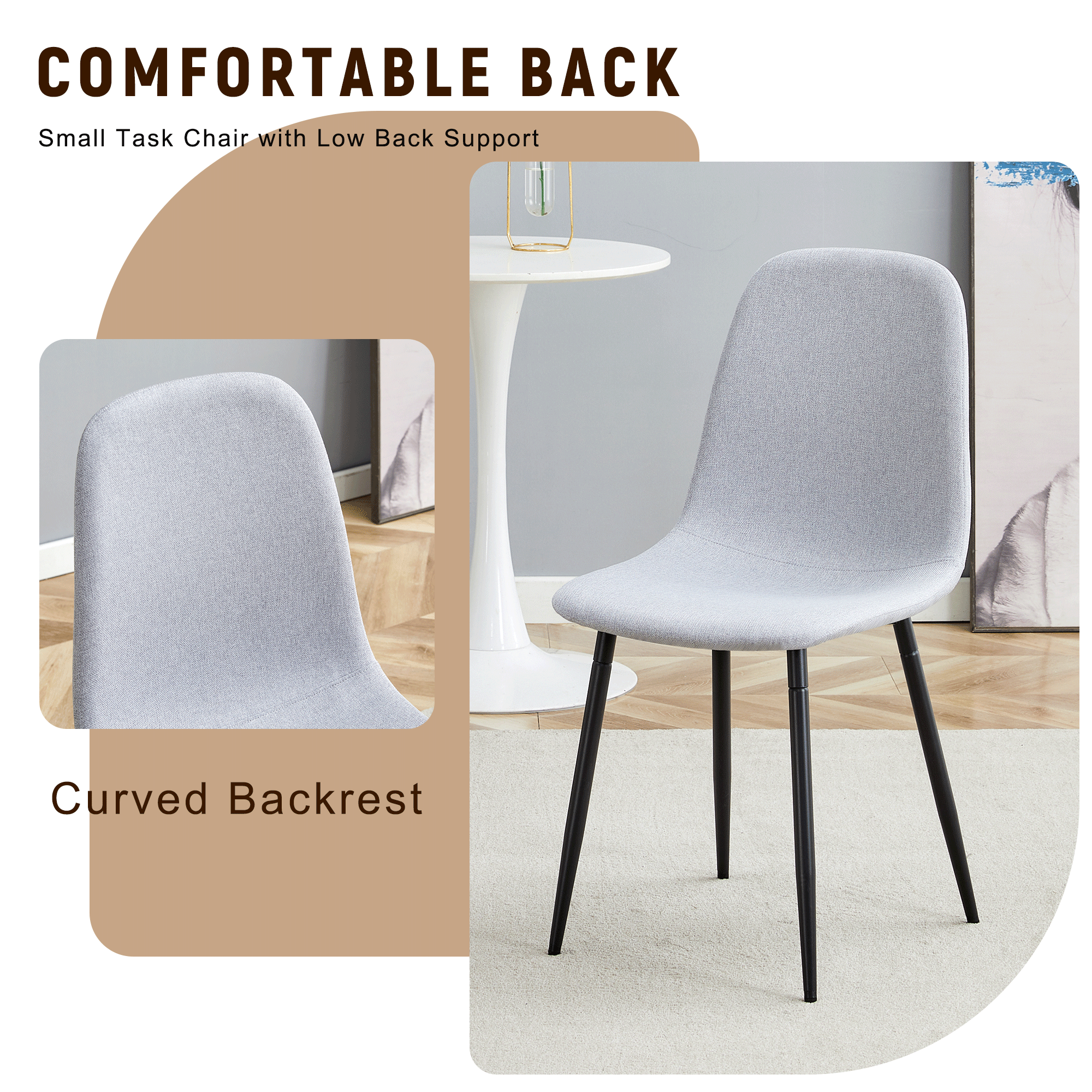 Gray chair with black legs in a room setting, highlighting comfortable back and curved backrest features.