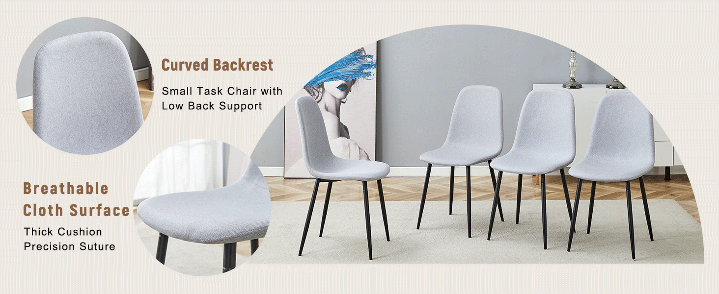 Gray chairs with curved backrest and breathable cloth surface on a white background