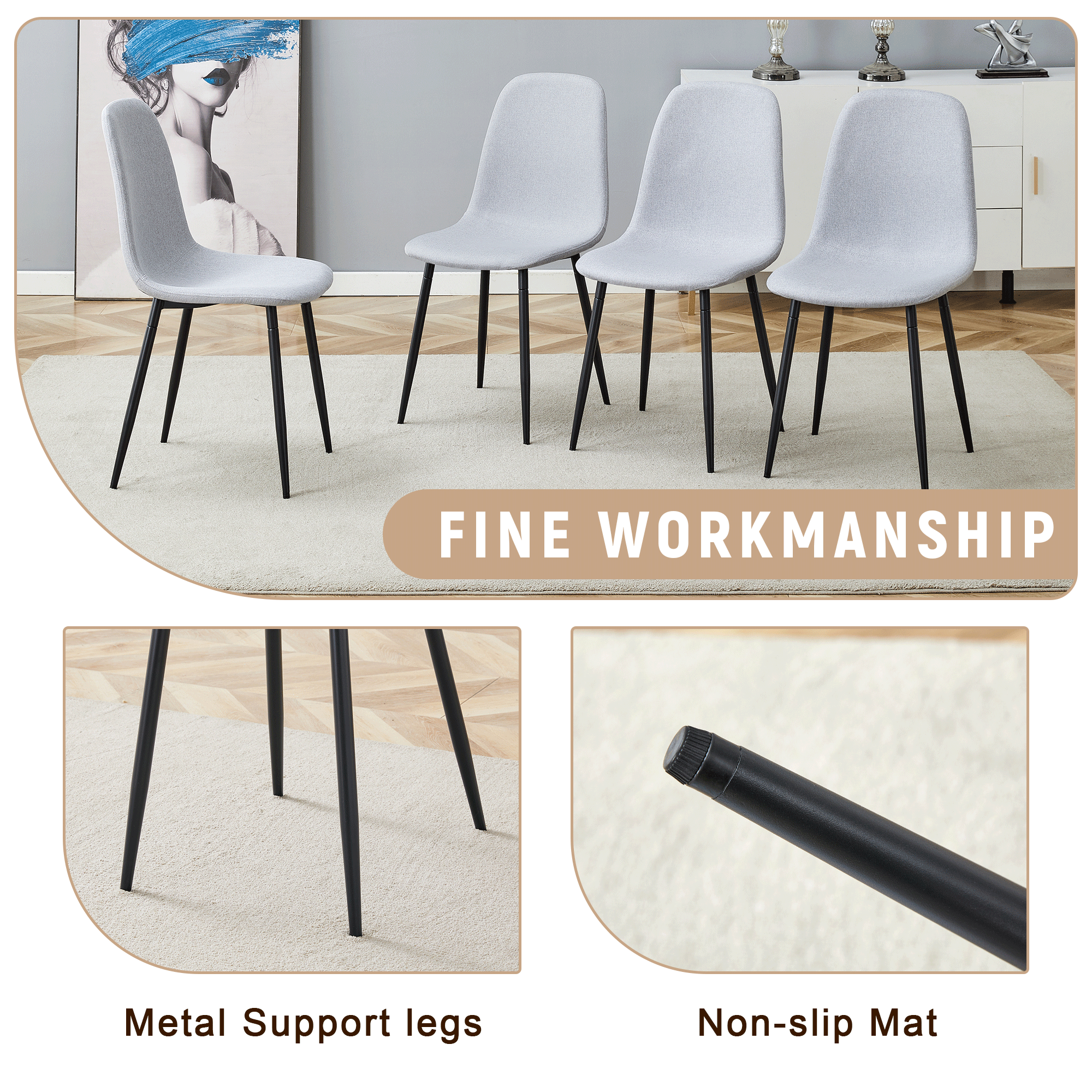 Gray chairs with metal legs on a white rug, highlighting 'Fine Workmanship' and product features.