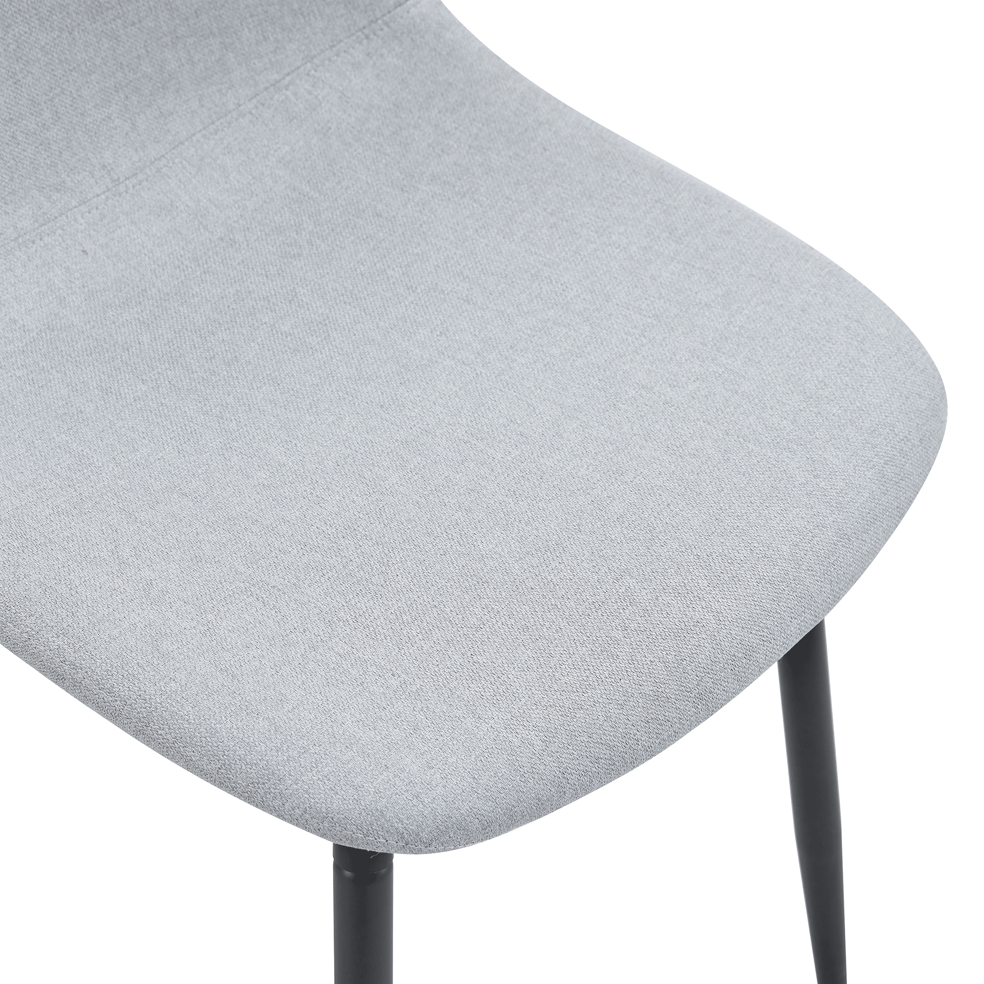 Gray upholstered chair seat closeup with black legs on a white background