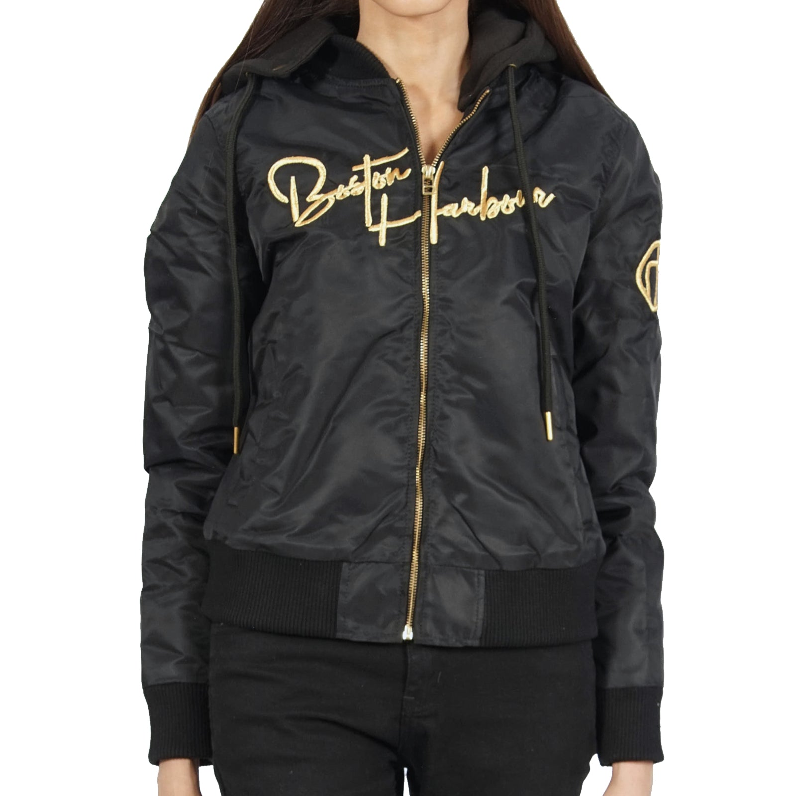 Front view of elegant black fitted women’s jacket with floral embroidery and water-repellent fabric.