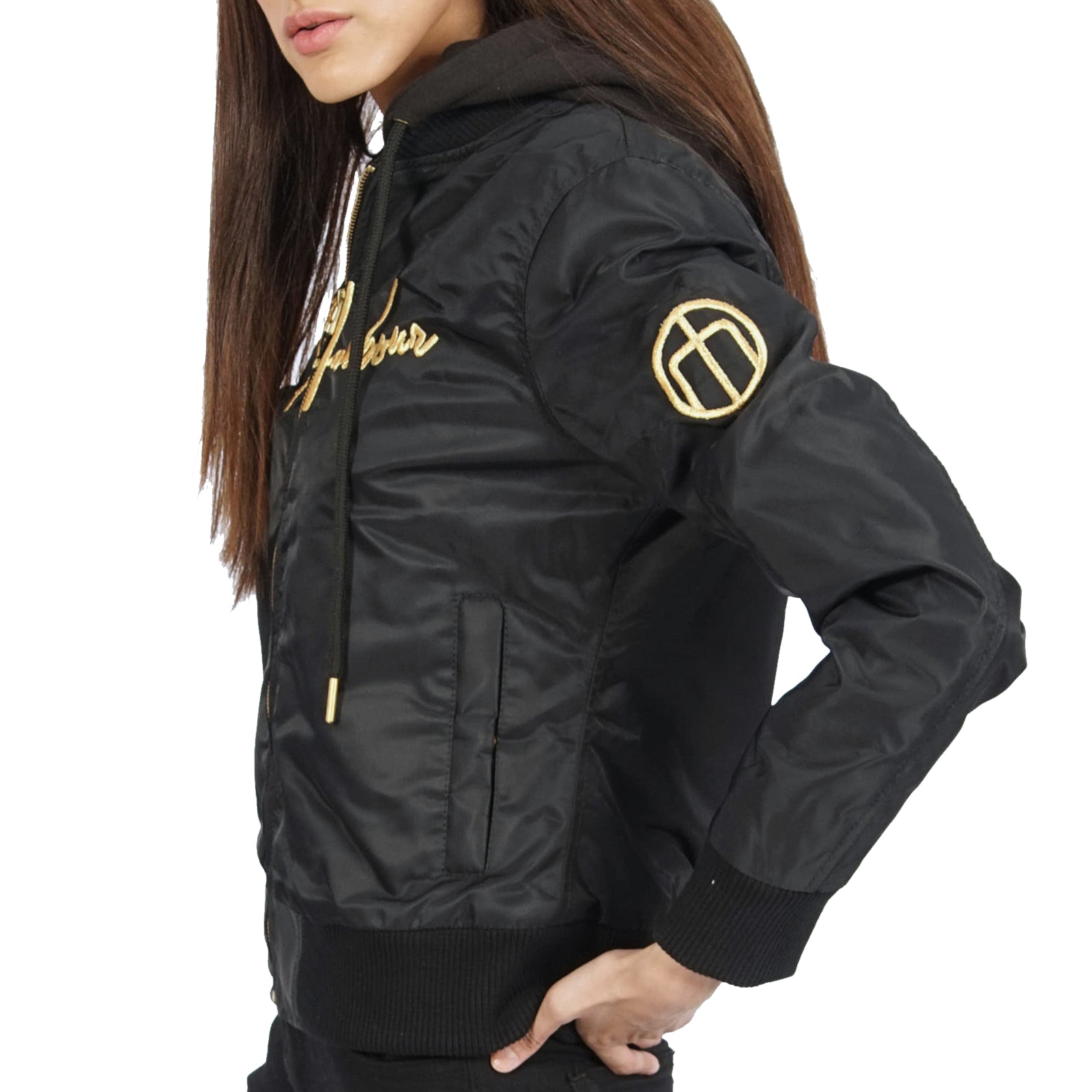 Side view of black fitted women’s jacket showing slimming curve design and embroidery detail.