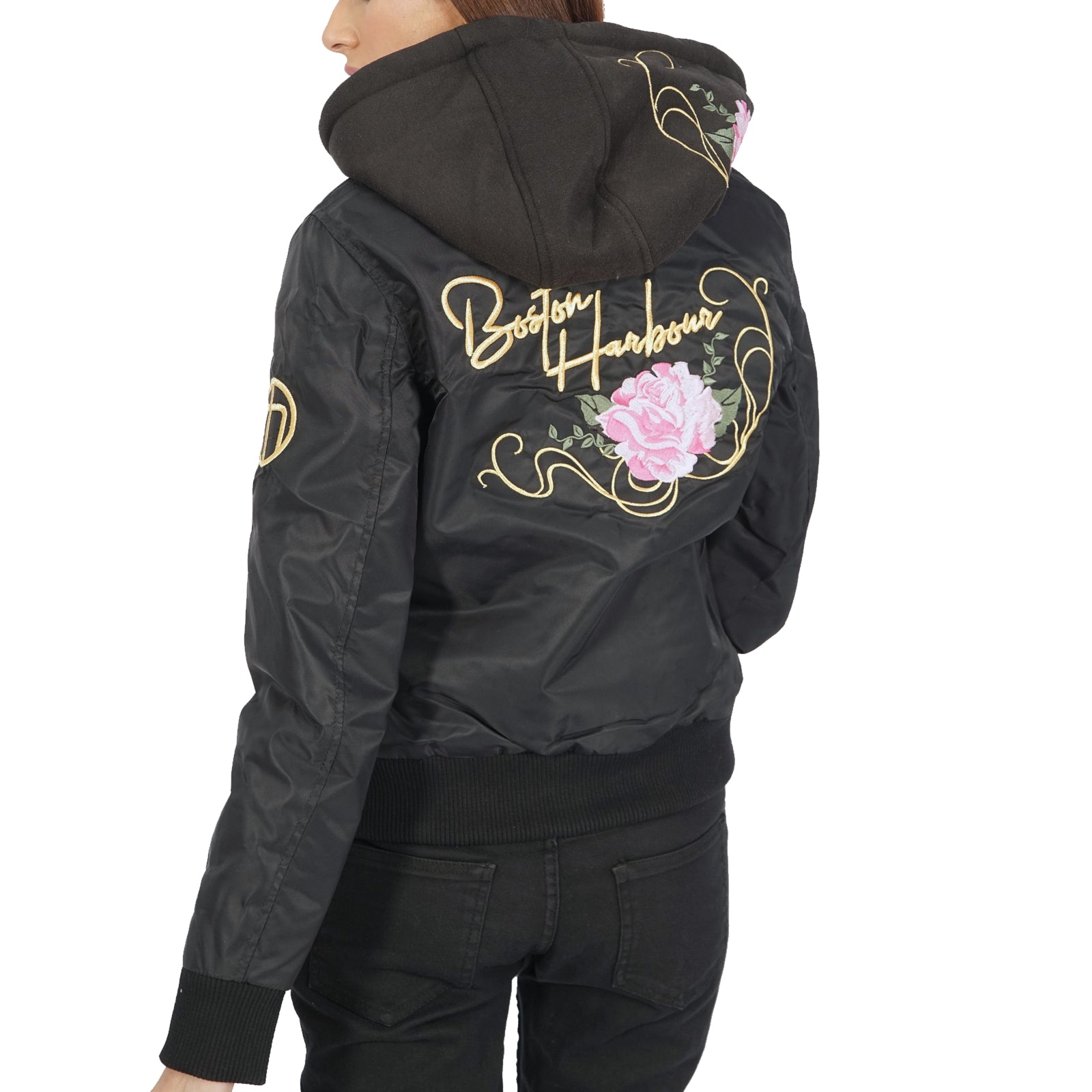Back view of embroidered black fitted women’s jacket with floral stitching and flattering fit.