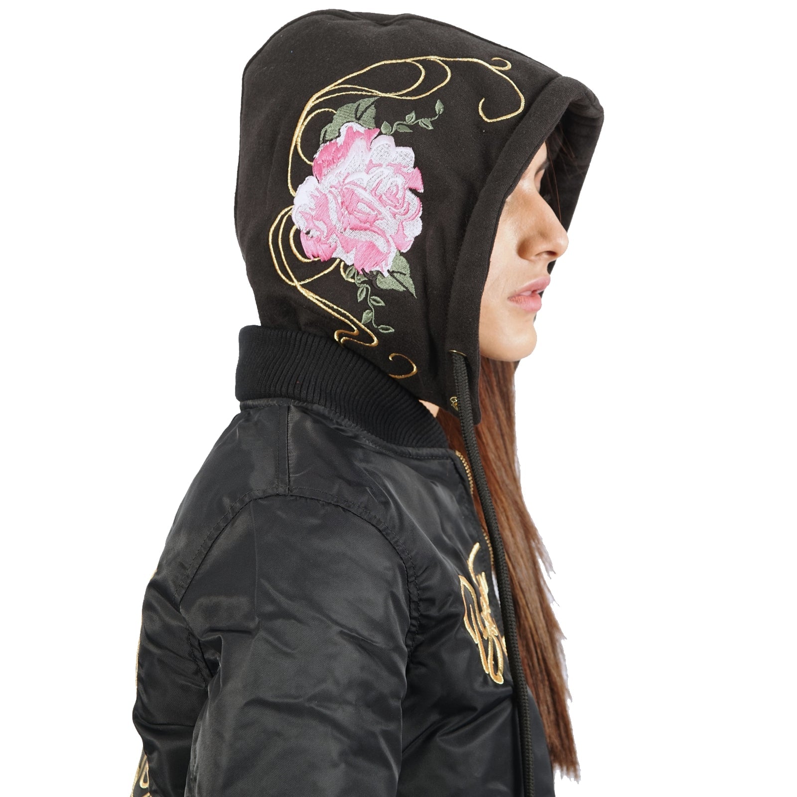 Close-up of women’s black fitted jacket hood and floral embroidery, showing fine stitching detail.