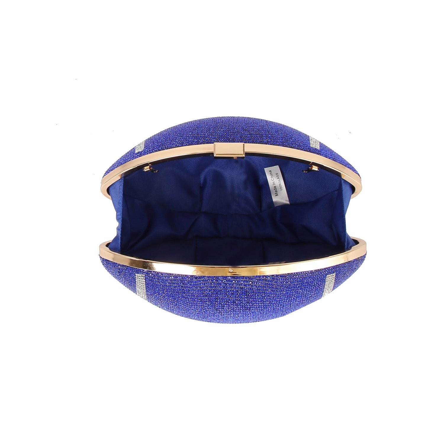 Vegan Leather Rhinestone Studded Football Crossbody Bag with cross body chain strap. Top view inside open bag view.