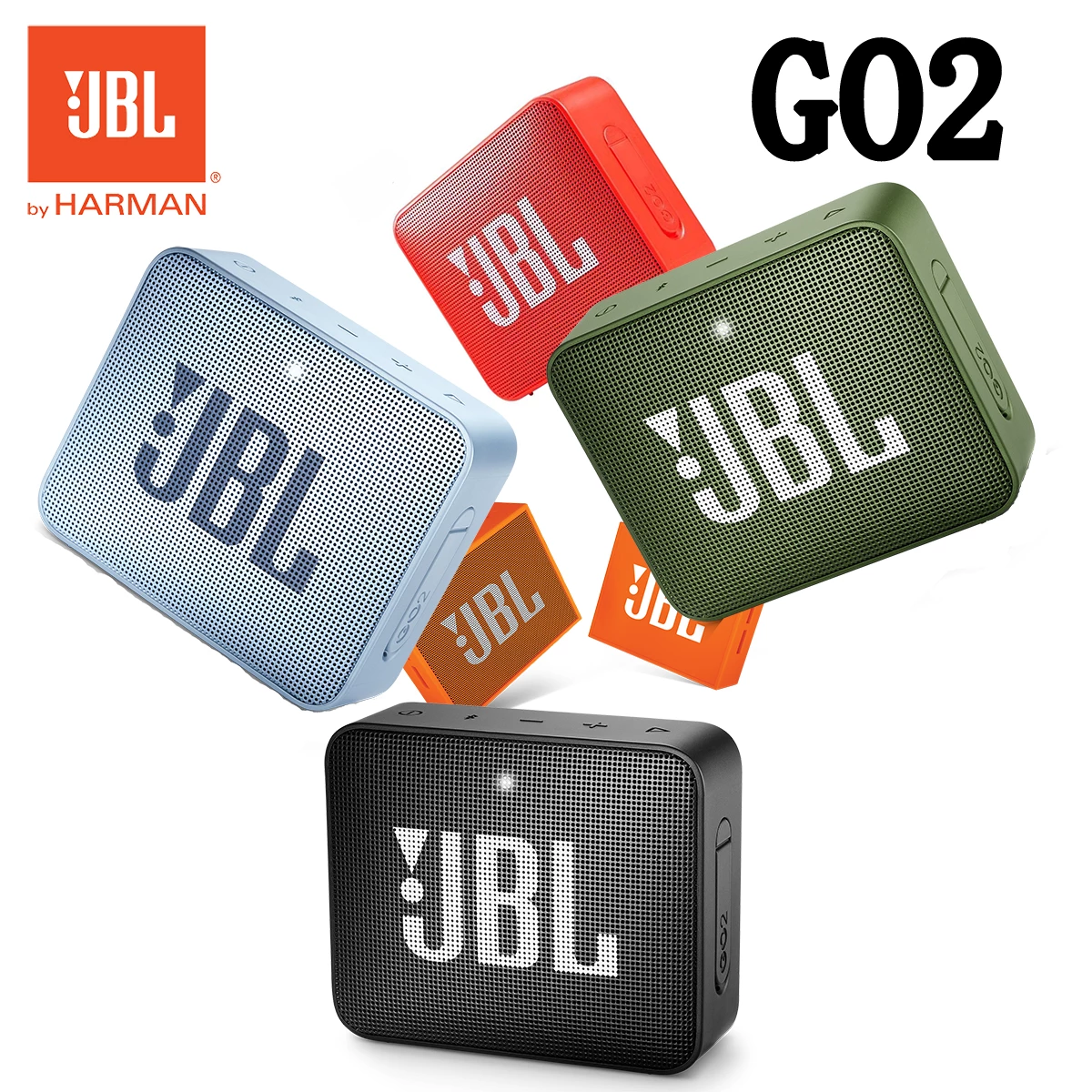 JBL GO2 portable speakers in various colors on a white background