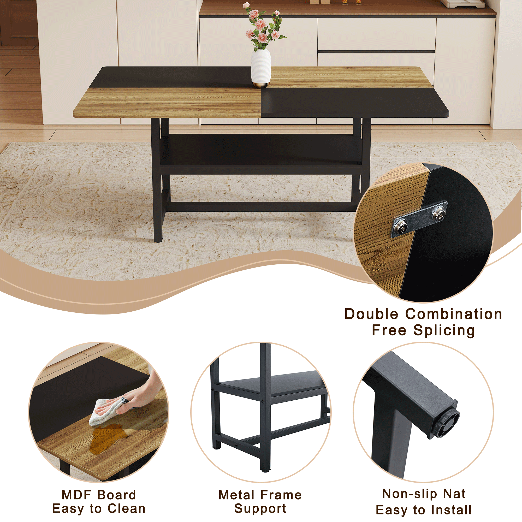 Coffee table with MDF board, metal frame, and non-slip mat features.