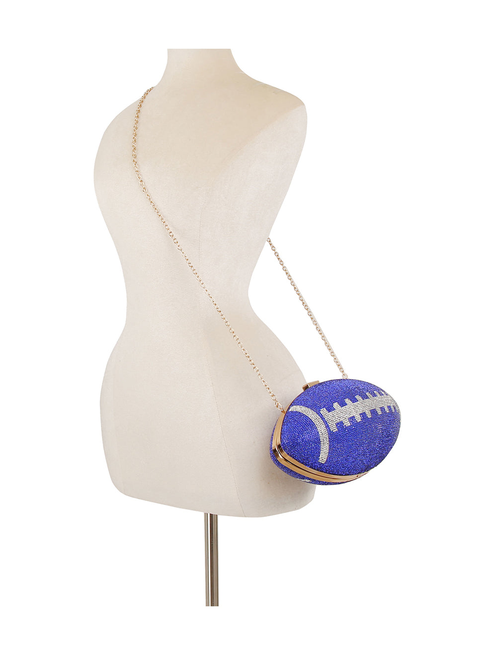 Vegan Leather Rhinestone Studded Football Crossbody Bag with chain strap worn on mannequin.