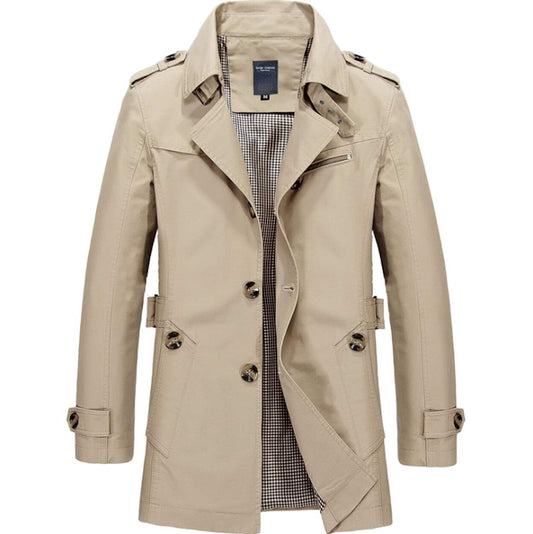 Men's Classic Beige Colored Trench Coat. On a white background.