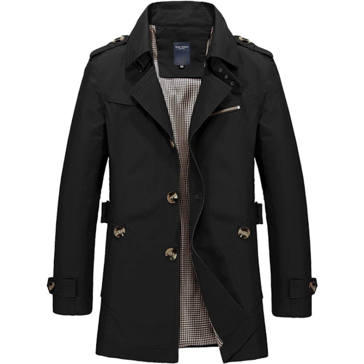 Men's Classic Black Colored Trench Coat. On a white background.