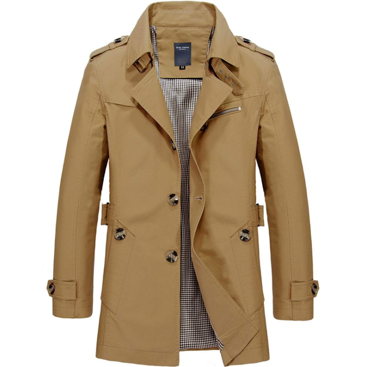 Men's Classic Khaki Colored Trench Coat. On a white background.
