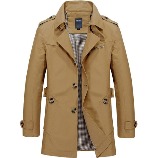 Men's Classic Khaki Colored Trench Coat. On a white background.