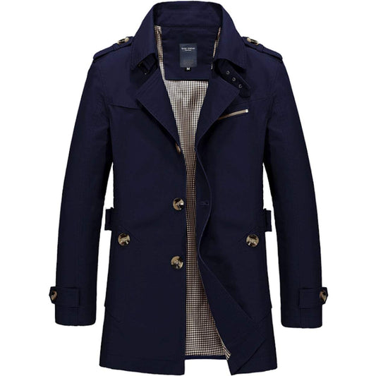 Men's Classic Navy Colored Trench Coat. On a white background.