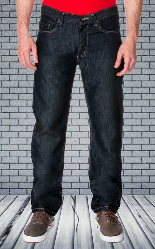 Model wearing the 65 MCMLXV straight-leg dark wash jeans, front view showing tailored fit.