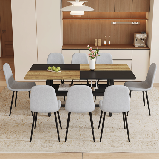 Dining table set with grey linen chairs with chairs in a modern kitchen