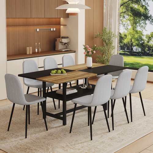 Modern Dining table with gray linen chairs in a modern kitchen setting
