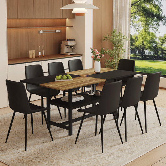 Modern dining room with a modern black dining table and chairs in a modern faux leather kitchen setting.