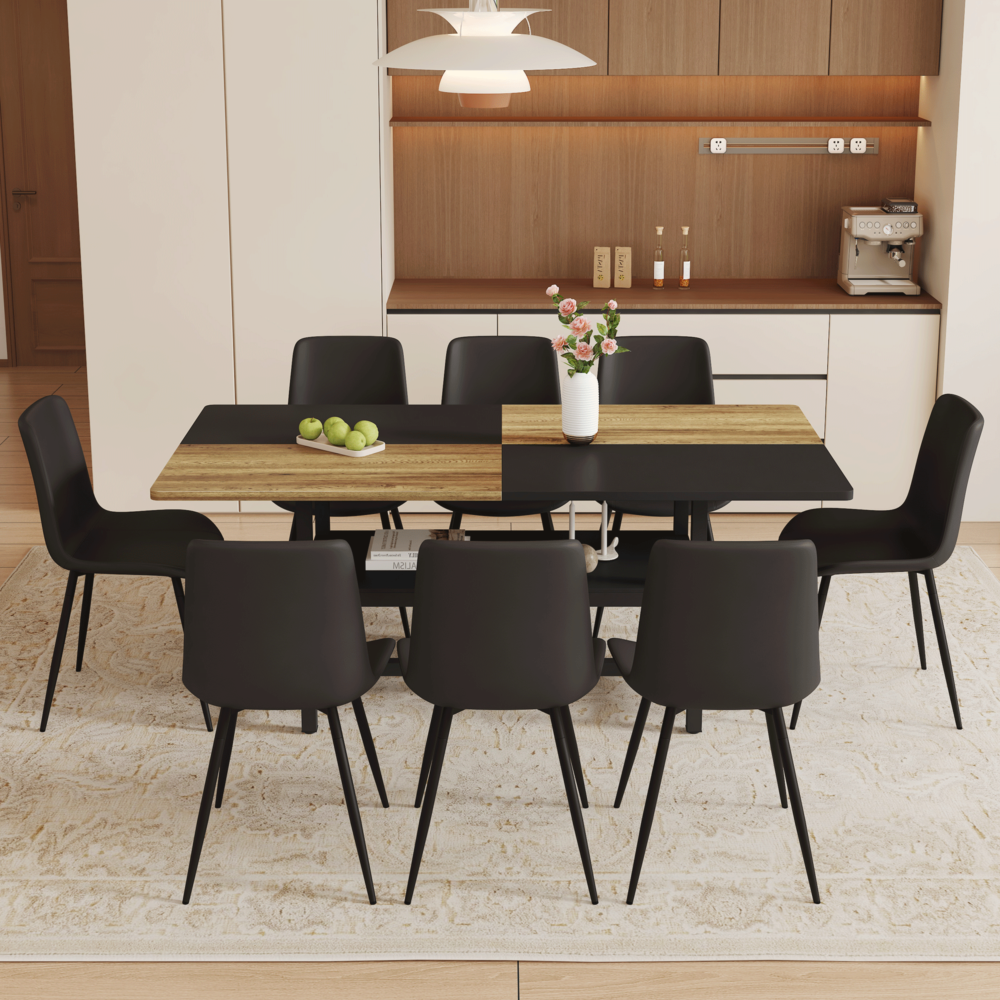 Modern dining area with a modern black and wooden table and chairs in a modern kitchen.