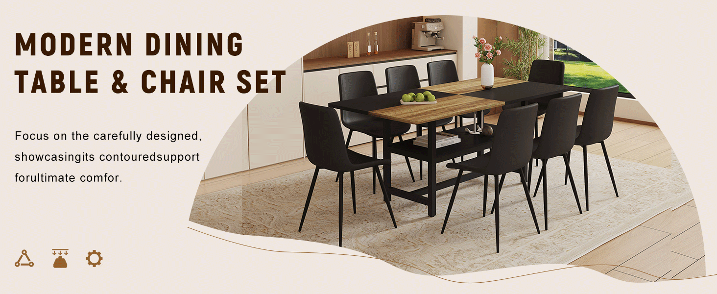 Modern dining table and chair set in a kitchen setting with text about the product.