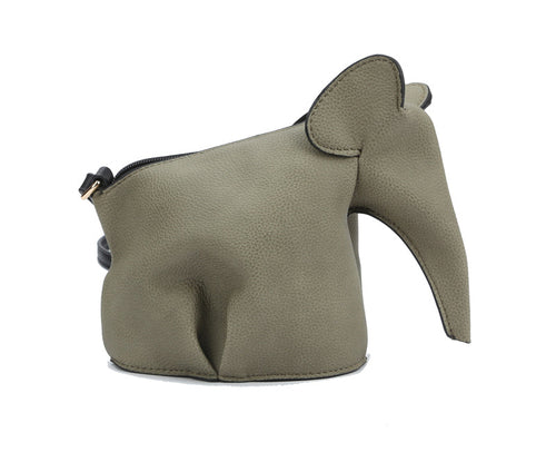 Olive green elephant-shaped purse on a white background
