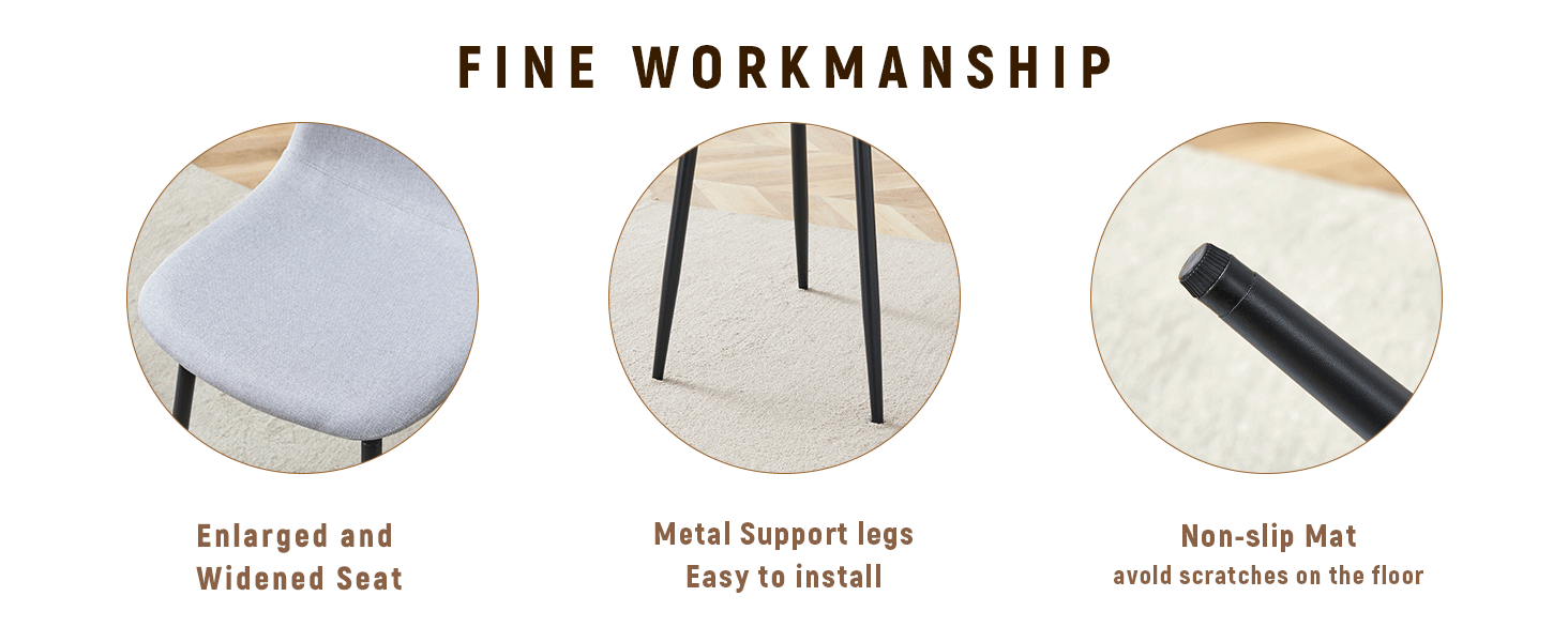 Gray linen chairs. Their product features with enlarged and widened seat, metal support legs, and non-slip mat on a white background.