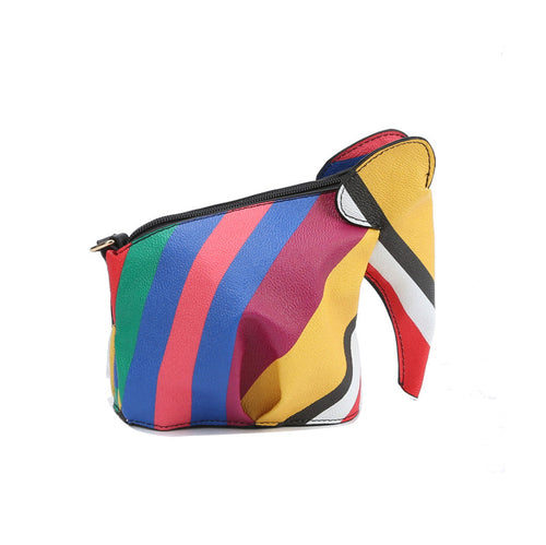 Colorful rainbow striped pouch with a unique elephant design on a white background