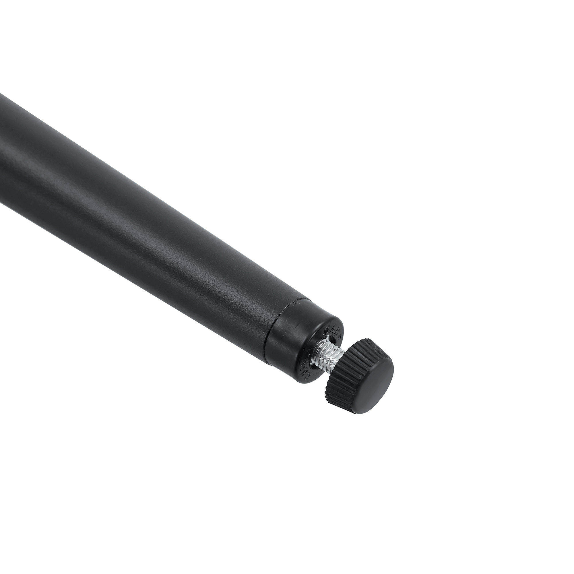 Black chair leg with a screw in bolt style end cap for the bottom of the leg with a non-stick surface that screws into the bottom of the leg.