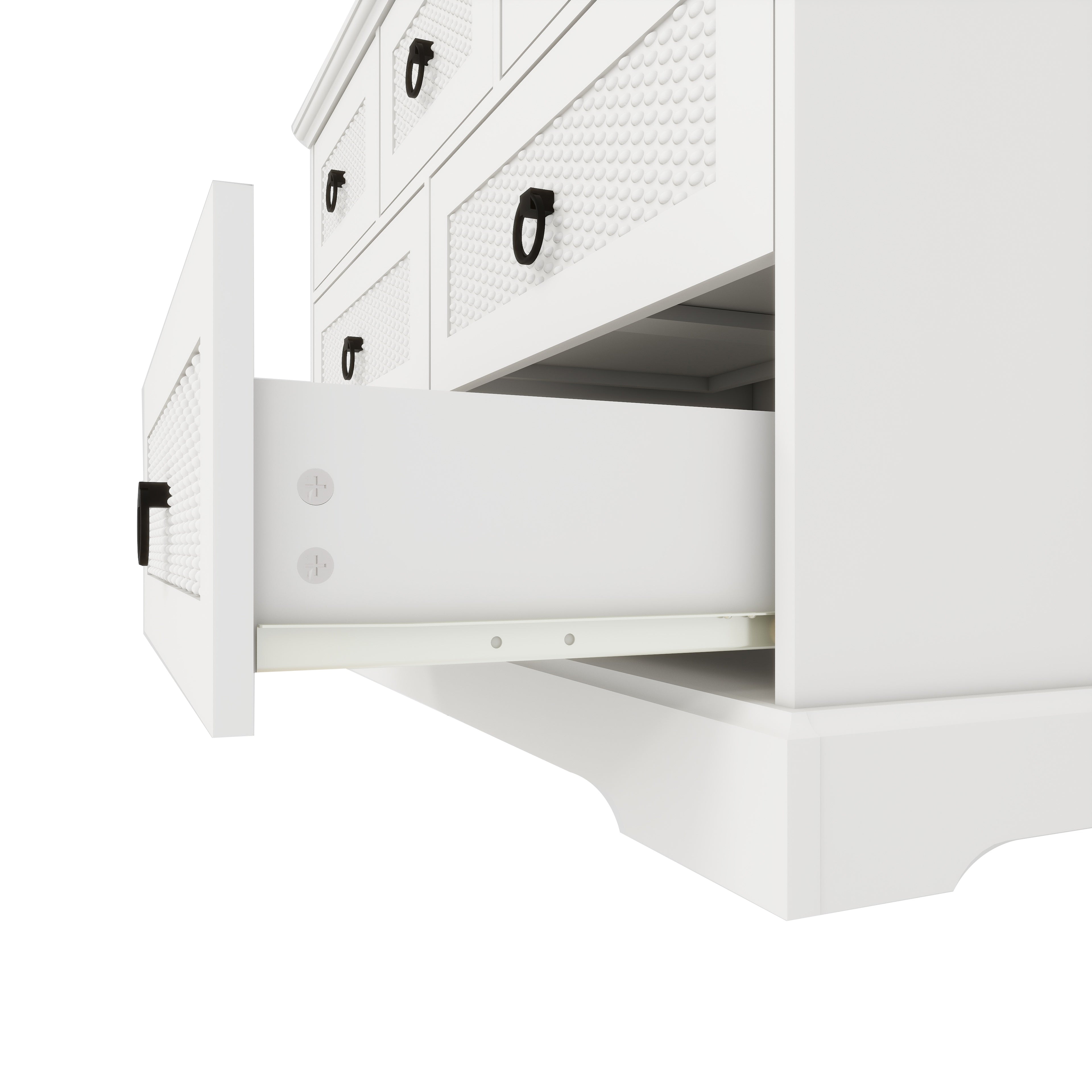 Side View of White Dresser with Bottom Drawer Open, Engineered Wood Construction