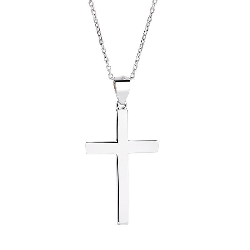 A polished silver cross pendant Christian jewelry necklace on a delicate silver O chain, shown against a plain white background.