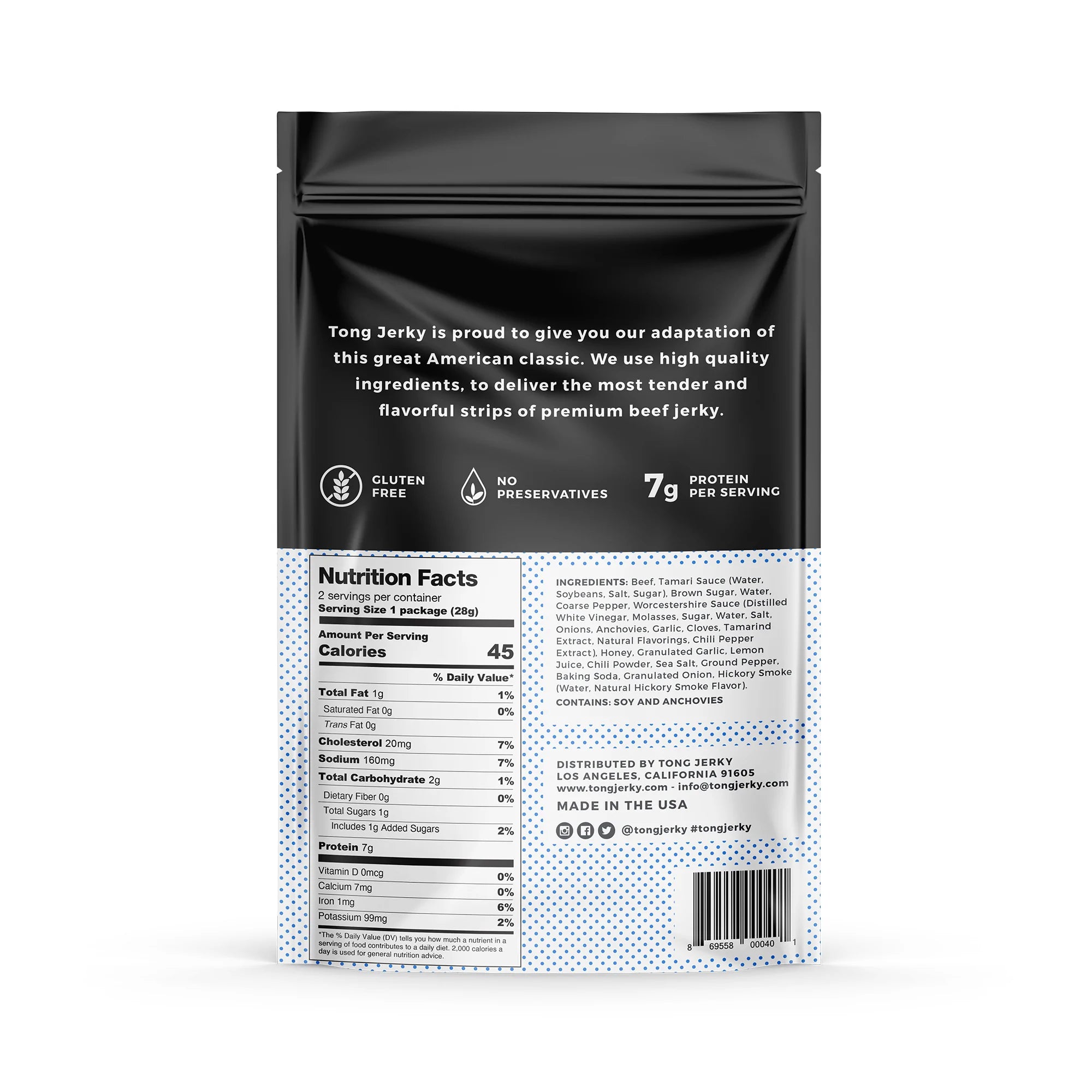 Back of the Tong Jerky Black Pepper and Sea Salt Beef Jerky  with the nutritional info and ingredients on the label.