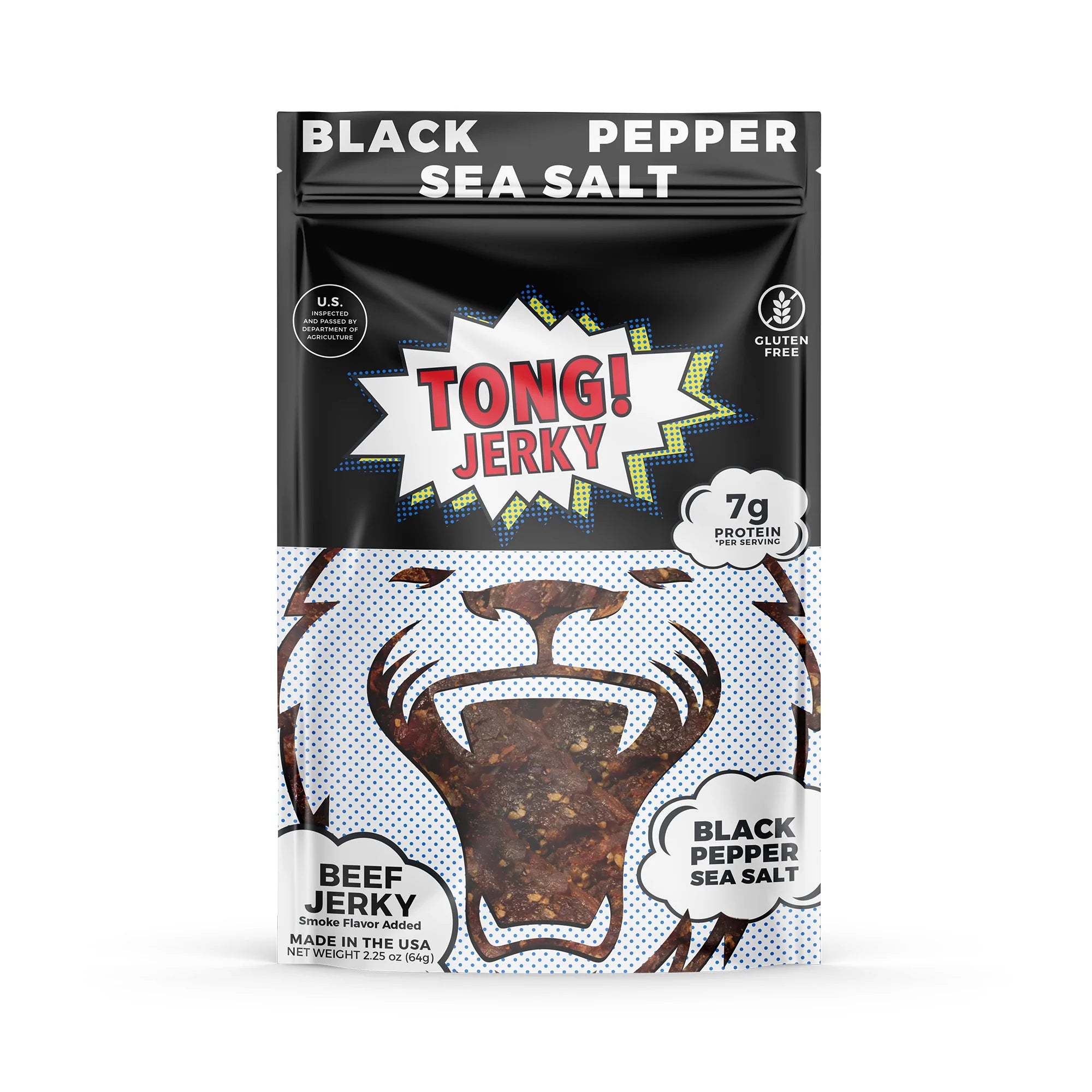 Tong Jerky black pepper sea salt beef jerky. The front of the black package with white stylization resembling a tiger and colored text and promotional branding on a white background.