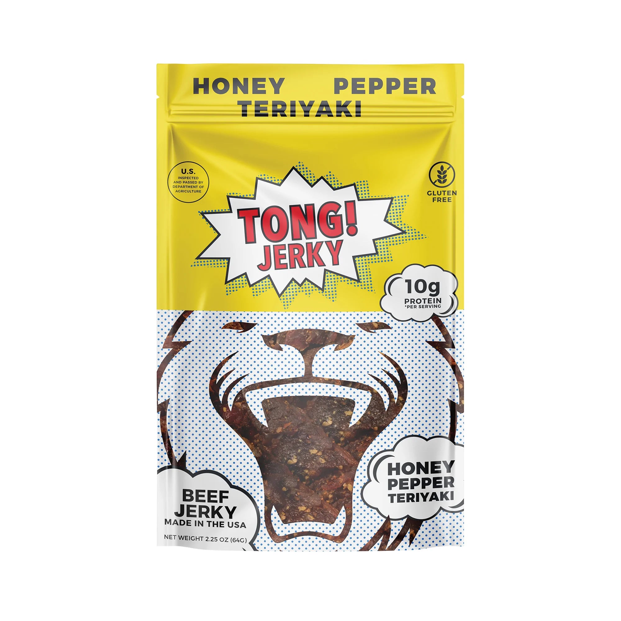 Tong Jerky Honey Pepper Teriyaki Beef Jerky packaging. Features brand name, flavor, 10g Protein, and Gluten Free stamp.