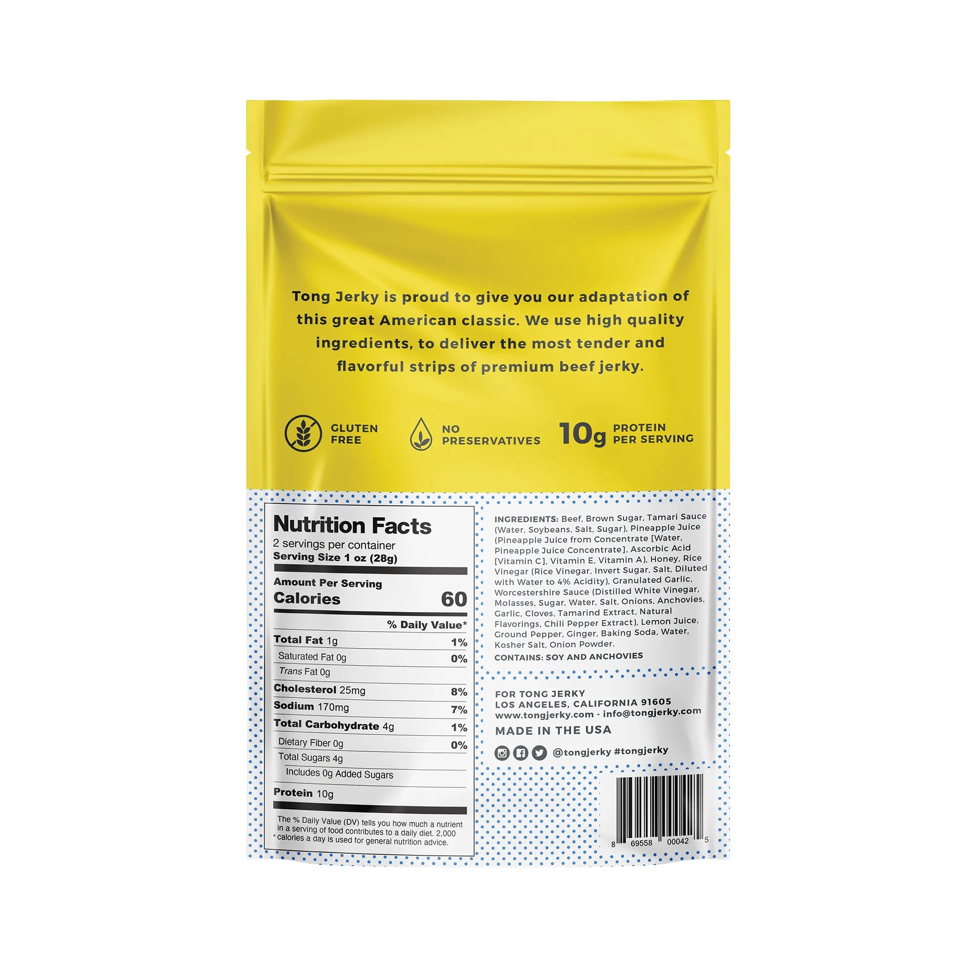 Back of Tong Jerky Honey Pepper Teriyaki package showing complete Nutritional Facts panel, Ingredients list (Contains: Soy and Anchovies), Made in USA stamps, and social media contact information.