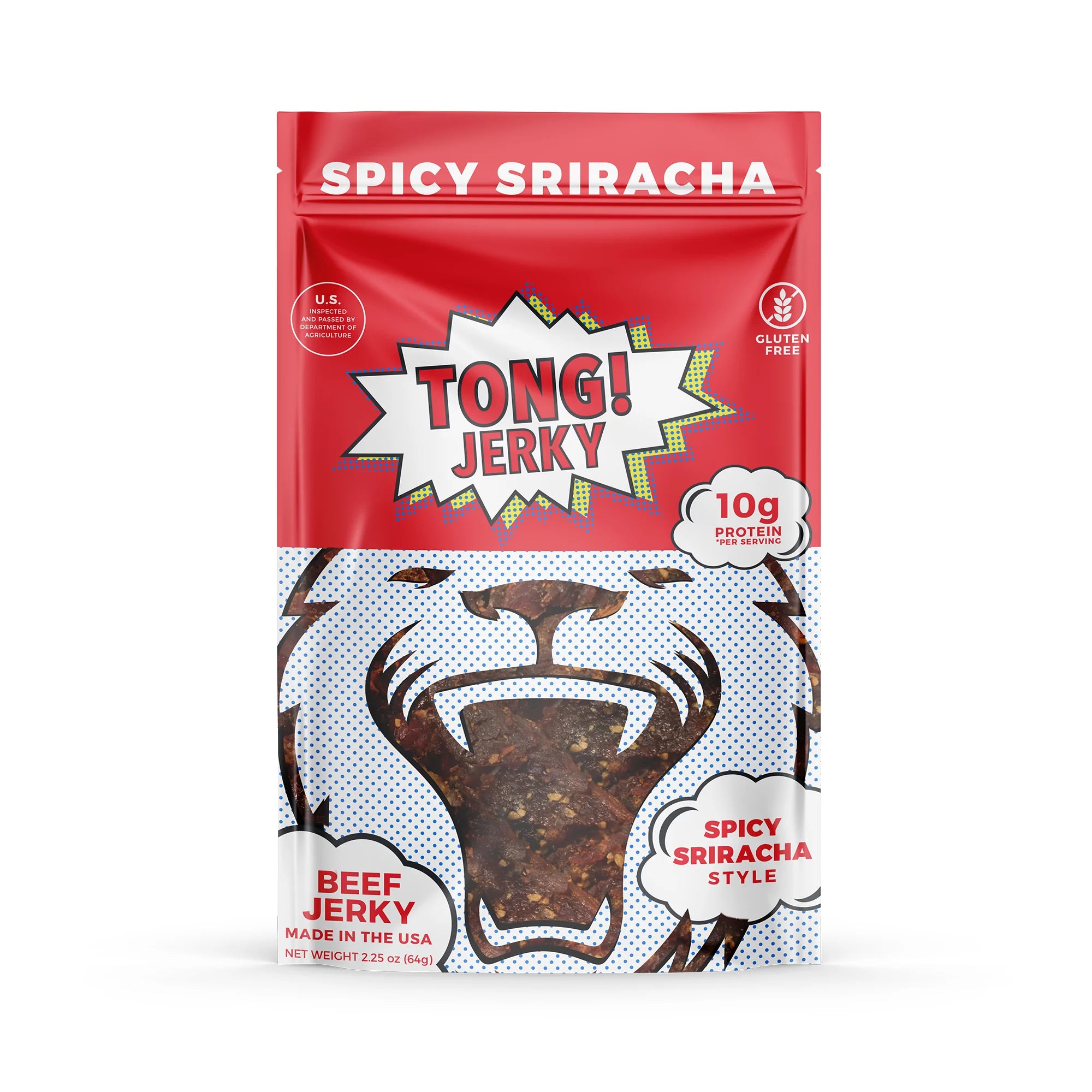 Tong! Jerky Spicy Sriracha beef jerky package with Tong Jerky branding on red beef jerky package exclusive to the spicy sriracha flavor on a white background