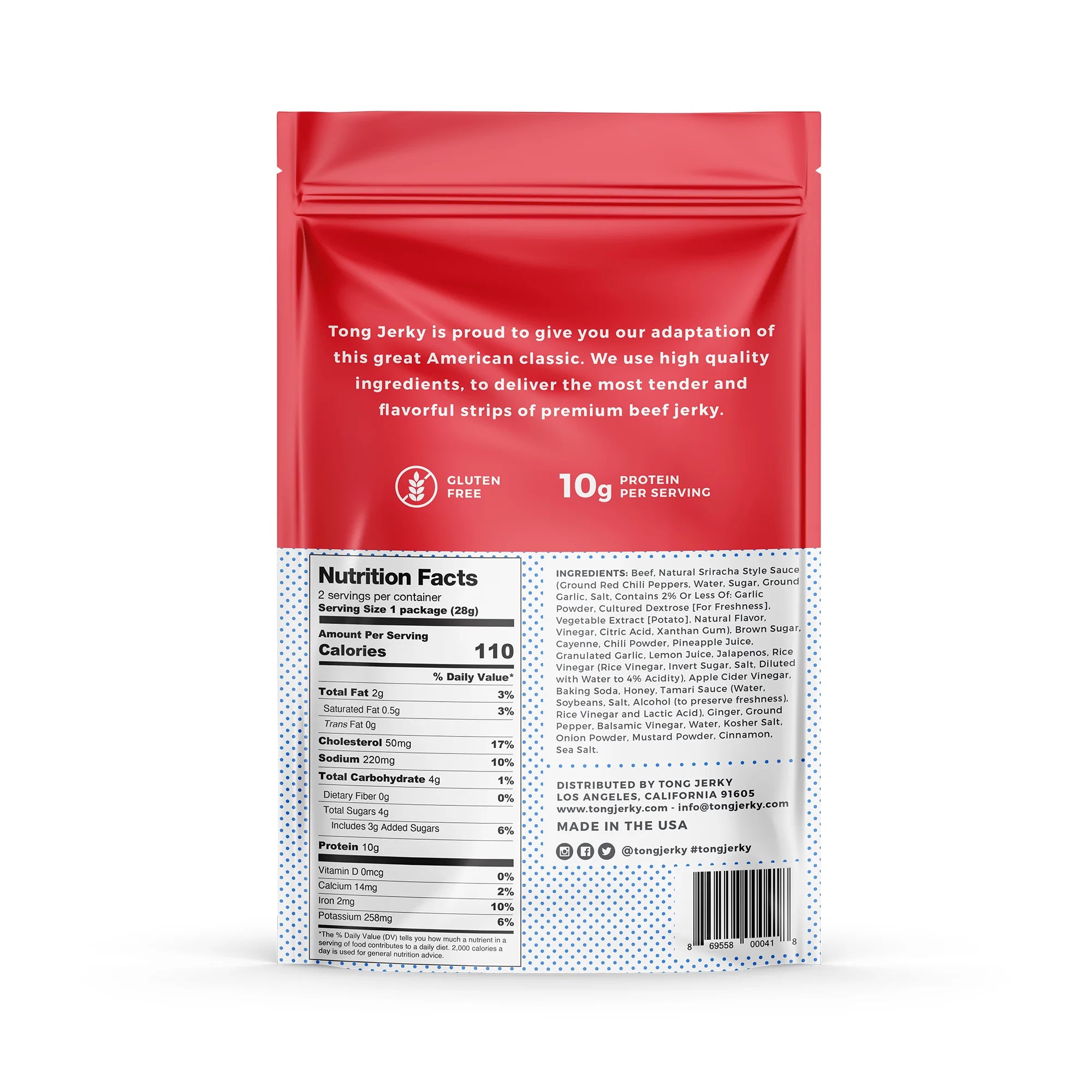 The back side of a pack of Spicy Sriracha Tong Jerky with nutritional information and ingredients displayed.