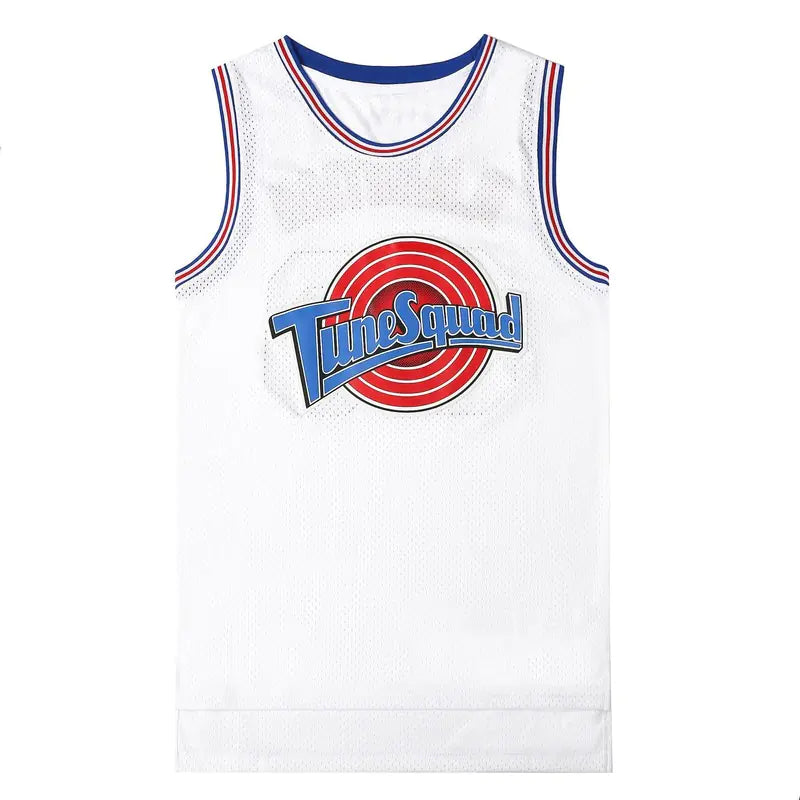 White basketball jersey with 'TuneSquad' logo from the movie Space Jam on a white background