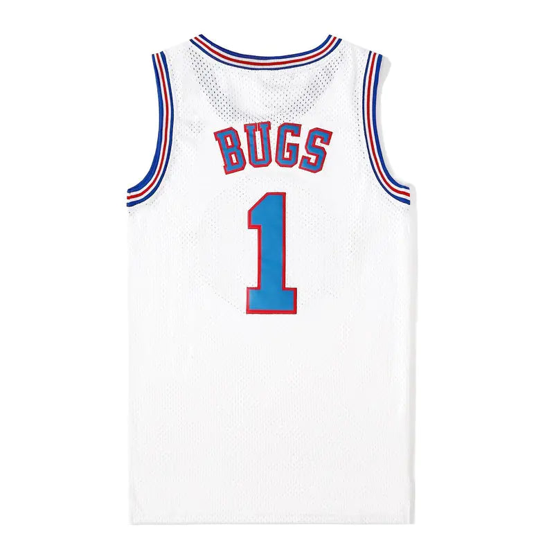 Tune Squad White basketball jersey with 'Bugs' and number '1' on a white background