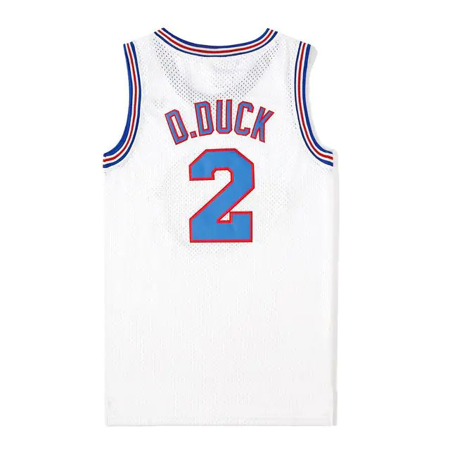 Tune Squad Daffy Duck White basketball jersey with 'D.Duck' and number '2' from the movie Space Jam on a white background