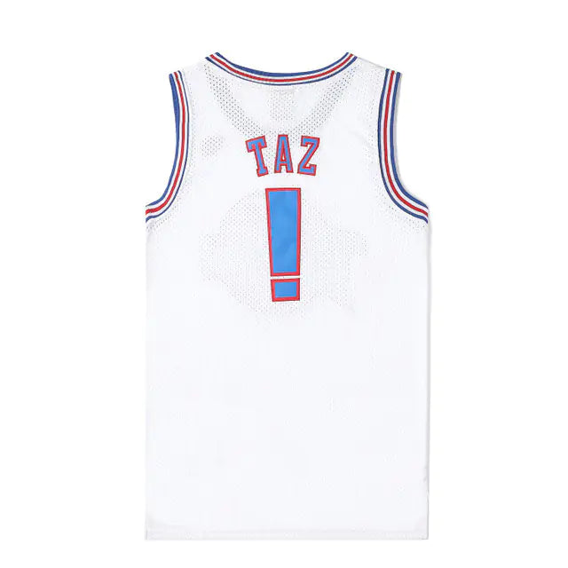 Tune Squad white basketball jersey with 'Taz' and number '1'  from the movie Space Jam on a white background