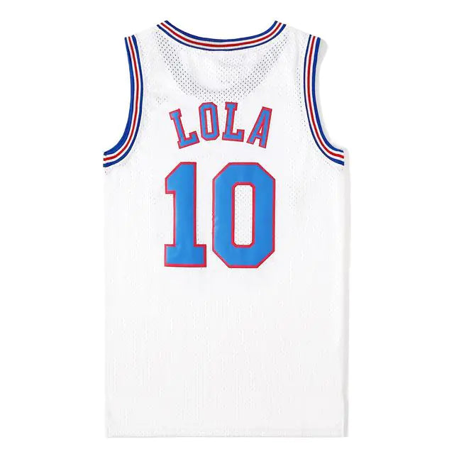 TuneSquad White basketball jersey with the name 'LOLA' and number '10' on a white background