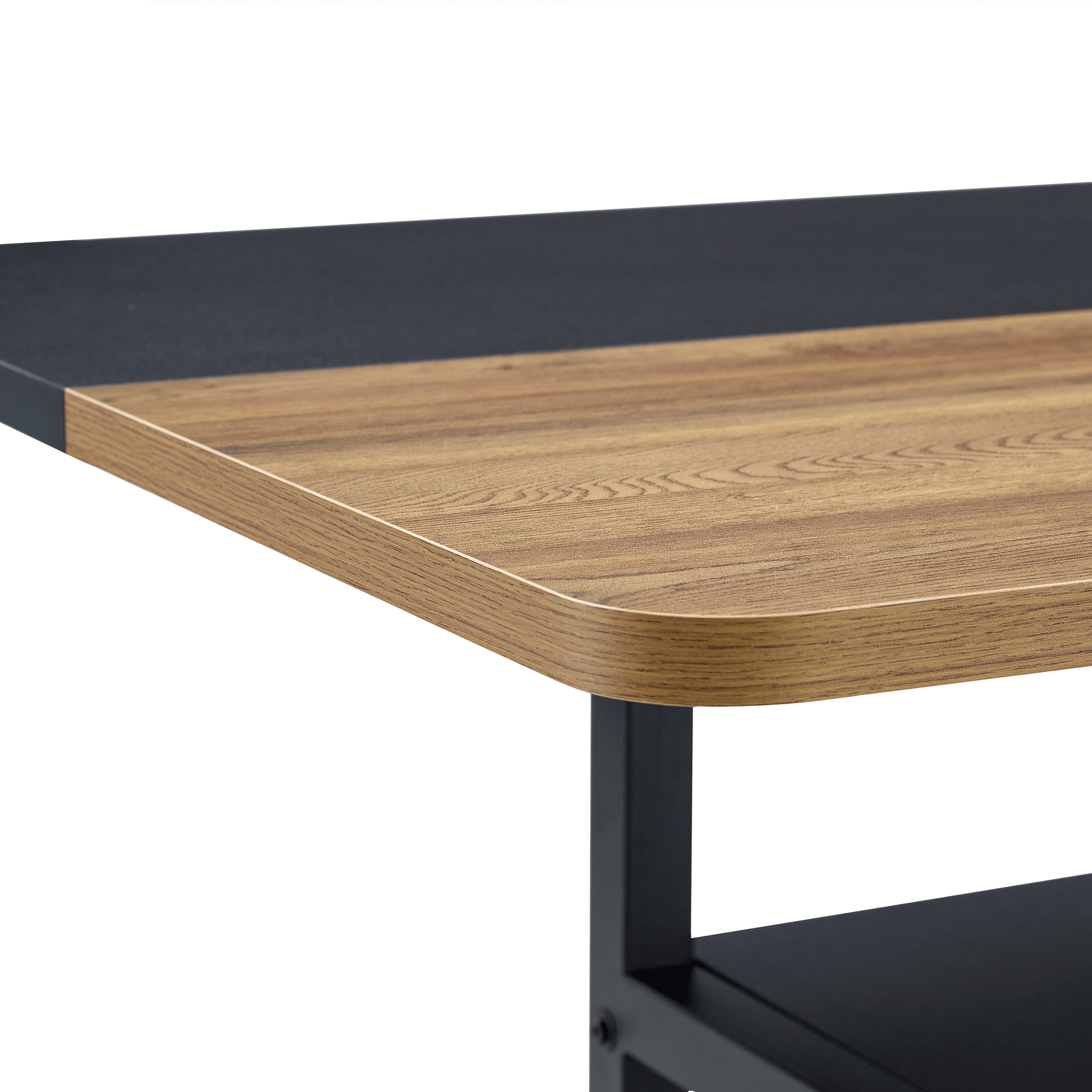 Two-tone table with black top and wooden bottom on a white background. Some of the table's storage area is shown.