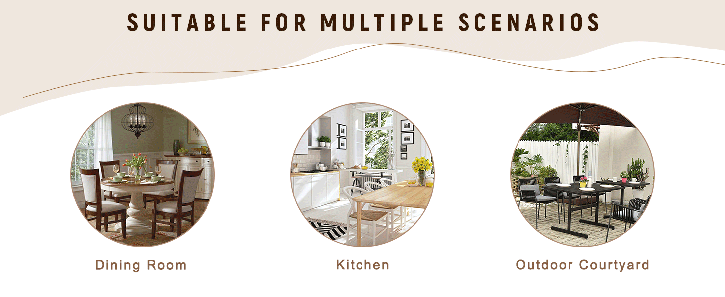 Dining room, kitchen, and outdoor courtyard scenarios with furniture.